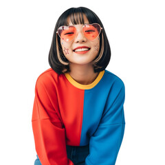 smiling korean girl wearing heart shaped glasses isolated PNG