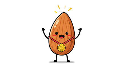 Cartoon almond character wearing a gold medal with number one and raising arms in celebration pose .