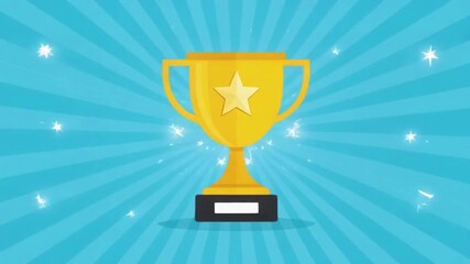 Golden trophy with a shining star, symbolizing achievement and success, against a vibrant blue background with sparkling lights