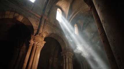 Interior of ancient stone building with sunbeams