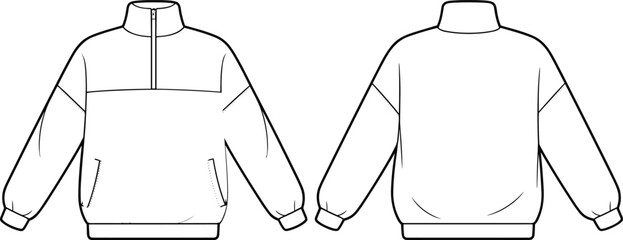 Front and back pullover jacket CAD technical drawing, fashion flat sketch, half zip sweatshirt vector template, unisex apparel design illustration © Sarsoti