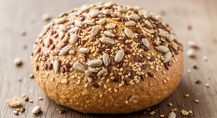 A close up of a seeded bread roll on a wooden surface with a shallow depth of field image