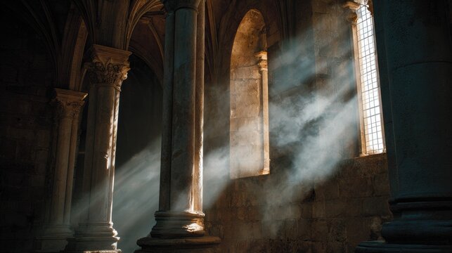 Interior of a Gothic Structure with Sunlight and Dust