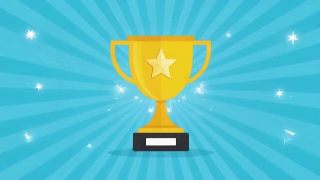 Golden trophy with a shining star, symbolizing achievement and success, against a vibrant blue background with sparkling lights