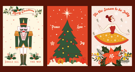 Retro Christmas Cards Set, Vector Illustration.