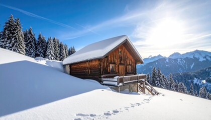 Rustic wooden cabin nestled deep in a snow covered mountain landscape under a bright sunny sky with dramatic shadows