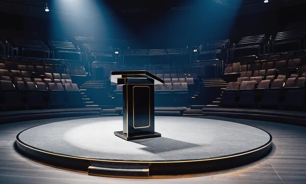 Empty stage with a podium and tiered seating illuminated by dramatic spotlight lectern speech 4K video,
