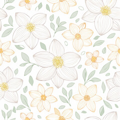 Elegant Floral Pattern with Delicate White Flowers and Leaves.