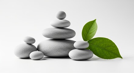 Zen stones and leaves on white for balance, harmony, and meditation concept