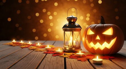 Halloween pumpkin with lantern and candles on a wooden table at night
