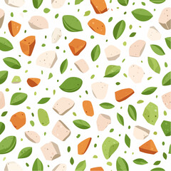 Seamless Pattern of Colorful Food Ingredients and Leaves.