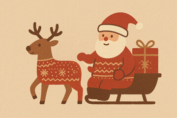 ソリでプレゼントを運ぶサンタとトナカイ