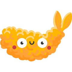 Cute Golden Fried Shrimp Character with Big Eyes and Smiling Face Transparent Background Cartoon Style