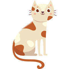 Cute Cream and Orange Spotted Cat Sitting Down on Transparent Background With Big Eyes and Long Tail Simple Cartoon Style