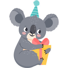 Cute Gray Koala Wearing A Teal Party Hat Holding A Yellow Gift Box Tied With A Pink Ribbon Celebrating A Birthday Isolated On A Transparent Background