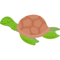 Cute cartoon sea turtle swimming with closed eyes and peaceful expression green body coral brown shell transparent background vibrant illustration