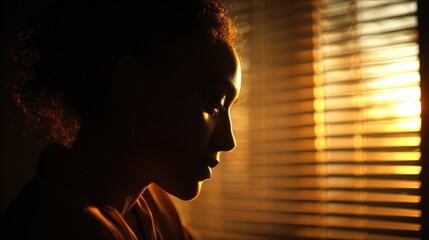 Woman in profile with golden light through blinds