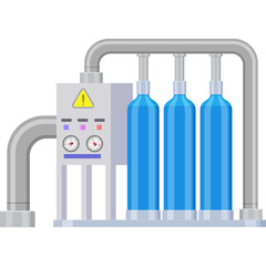 Industrial Filtration System With Three Blue Cylinders And Pressure Gauges Connected By Gray Pipes On White Background