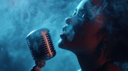 Woman Singing into Vintage Microphone with Smoke