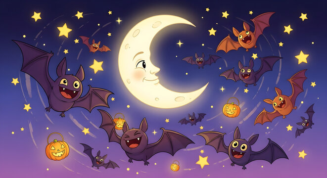 Halloween bats flying with moon and pumpkins