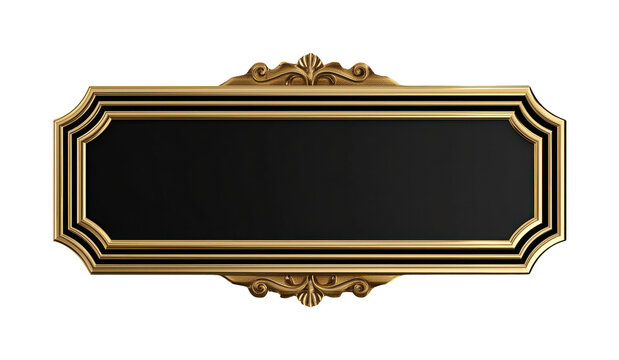 Elegant black nameplate with ornate golden decorative border, isolated on transparent background
