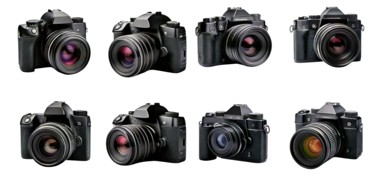 Various High-Quality Digital Cameras Showcased on a Clean Background, Isolated on Transparent, white background