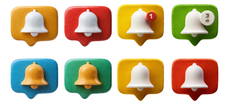 Colorful Notification Icons with Bell Symbols on Bright Backgrounds, Isolated on Transparent, white background