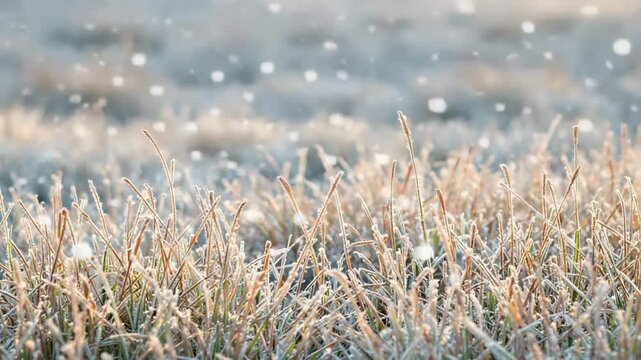 Frosty grass field with falling snow.