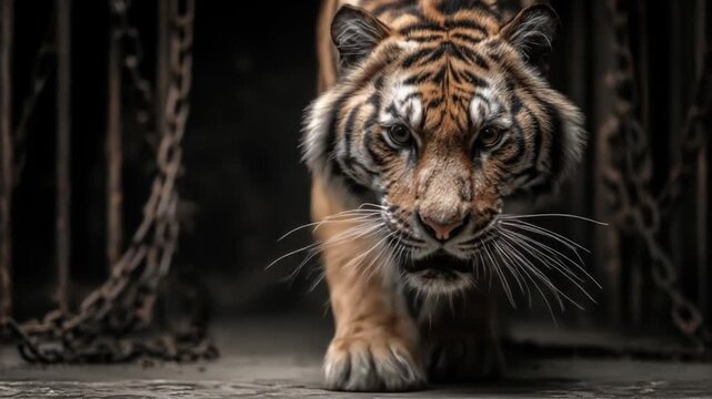 A striking tiger peers directly at the viewer, partially obscured by rusty chains and bars