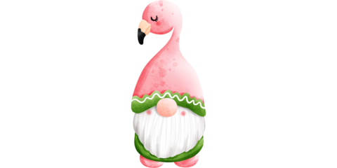 Adorable pink flamingo gnome wearing green festive outfit cartoon illustration
