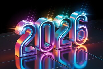 Neon glowing new year celebration sign at night 2026 year