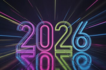 Neon glowing new year celebration sign at night 2026 year