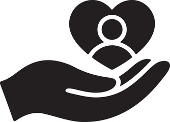 Symbolic hand gently holding heart shaped icon with person silhouette representing care compassion love and support for humanity and well being isolated on transparent background