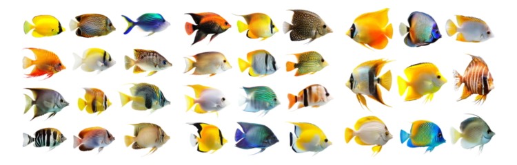 Vibrant Tropical Fish in Diverse Colors and Patterns for Aquatic Decor, Isolated on Transparent, white background