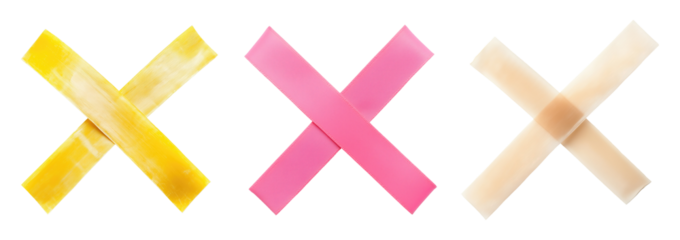 Three crossed adhesive tape pieces in yellow, pink and beige colors, isolated on transparent background