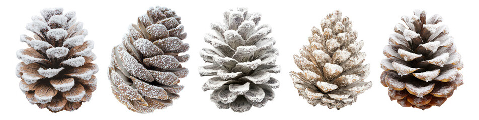 Variety of Frosted Pine Cones Displaying Natural Beauty and Texture, Isolated on Transparent, white background
