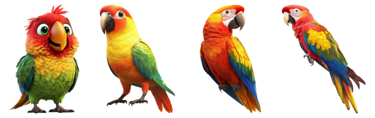 Colorful and Lively Cartoon Parrots Displayed in Vibrant Artwork, Isolated on Transparent Background