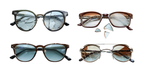 Broken eyeglasses and sunglasses set. Old fashioned spectacles, set collection, mega bundle, isolated on transparent background