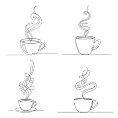 Minimalist Coffee Cup Line Art Set – Elegant Continuous Line Drawing of Hot Coffee Mugs with Steam