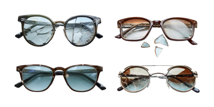 Broken eyeglasses and sunglasses set. Old fashioned spectacles, set collection, mega bundle, isolated on transparent background