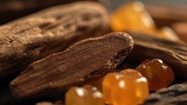 Agarwood and Resin Close-Up - This macro shot showcases Agarwood pieces alongside amber-colored resin. The video highlights the unique textures and tones of these natural materials.