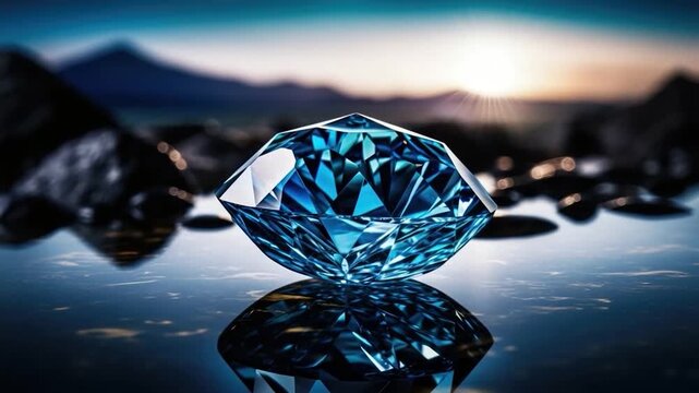 Blue diamond crystal on reflective surface  

