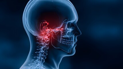3D Medical Illustration of Neck and Head Pain Showing Cervical Spine and Nerve Inflammation