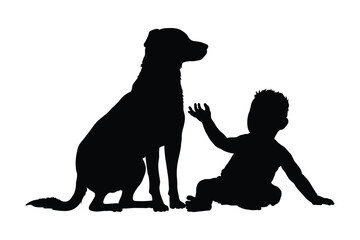 A baby boy playing with dog black silhouette on white background vector illustration.