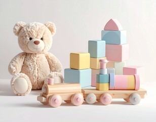 A fluffy teddy bear sits next to a wooden toy train and pastel-colored building blocks on a white background.