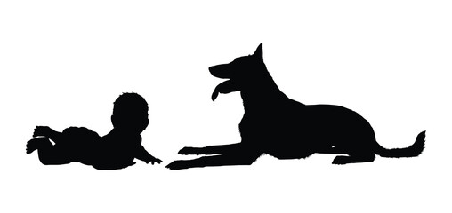 A baby crawling with dog isolated black silhouette on white background.