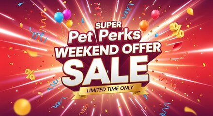 Don't miss the amazing Super Pet Perks Weekend Offer Sale with limited time deals and discounts, get your pet supplies now with celebratory balloons and confetti on a vibrant red background