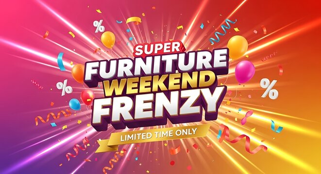 Don't miss the super furniture weekend frenzy for a limited time only, enjoy huge discounts and celebrate savings with balloons and confetti in this vibrant promotional sale - Powered by Adobe