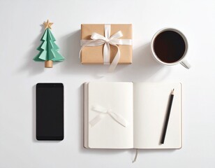 Flat lay of holiday items including a gift, coffee mug, notebook, and smartphone on a white surface.