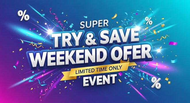 Don't miss this weekend offer for huge savings on limited time events, so try and save for a super sale with confetti and a vibrant blue gradient background - Powered by Adobe